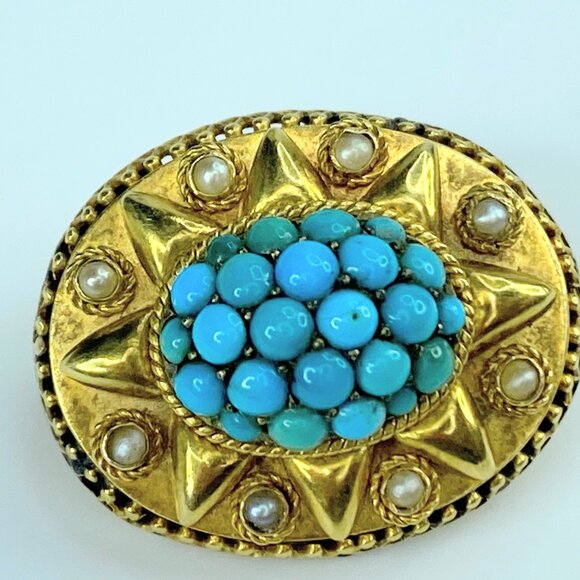 Antique 14k Victorian natural green/blue Turquoise Split Pearl Dome pin JR9968 - Picture 6 of 7